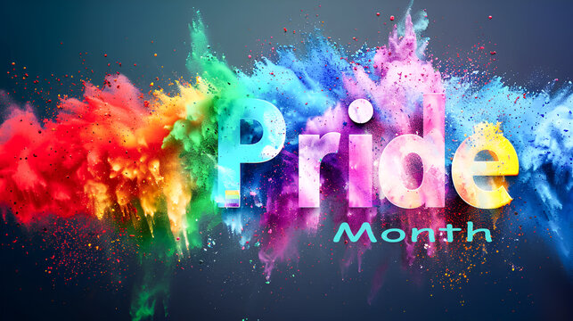 Poster with bright rainbow Pride Month text with a colorful explosion of multicolored bright powder on a dark background with copy space. joyfully celebrating the LGBTQ community and minority sex