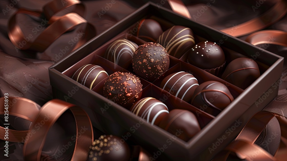Poster a high-detail, elegant box filled with assorted chocolate truffles, adorned with ribbons, placed on 