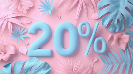 Blue 20% discount text with tropical leaves and flowers on a pink background, surrounded by soft pastel colors, summer sale, and copy space