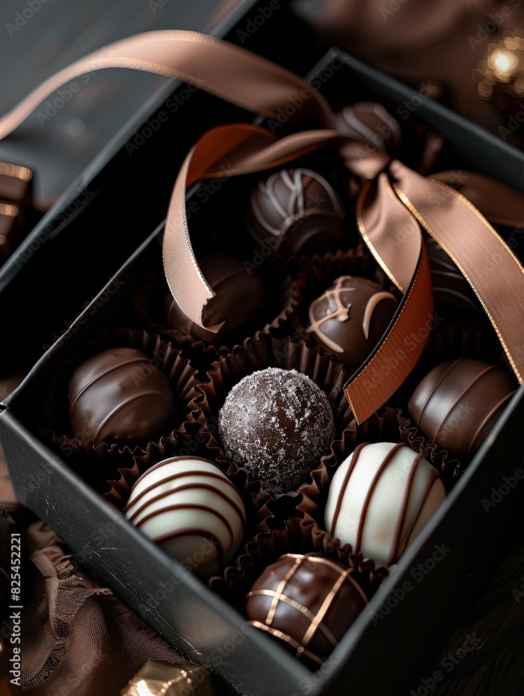 Poster elegant box of chocolate truffles adorned with ribbon in high detail and rich dark colors. generativ
