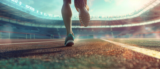 Close up of a runner's leg running on a track and field, with a stadium background and blank space for advertisements