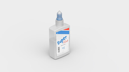 white glue bottle scene with blue cap and torn and destroyed information sticker.
