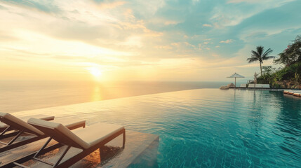 A large swimming pool located next to a sandy beach with crystal clear water under a sunny sky, offering a refreshing retreat for swimmers and sunbathers alike