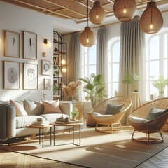 Fototapeta premium Scandinavian living room with rattan chairs with morning ambient lighting, realistic 3D