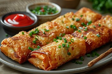 A plate of fried food with a side of ketchup and a bowl of sauce