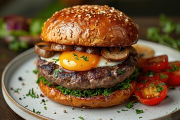 A large burger with a mushroom and egg topping sits on a white plate