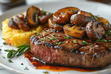 A plate of meat with mushrooms and sauce