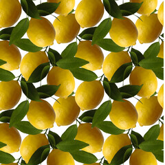 A close up of a bunch of lemons with green leaves The lemons are arranged in a seamless pattern, with some overlapping and others not. Scene is bright and cheerful