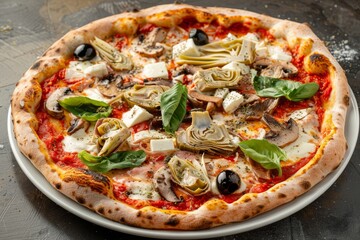 Pizza Capricciosa Topped with Mozzarella, Mushrooms, and Olives