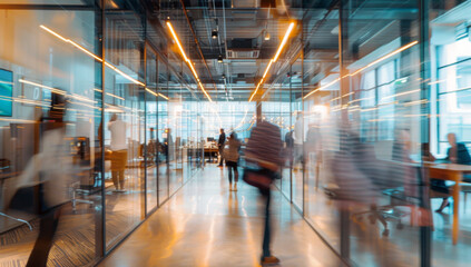 A blurred photo captures an office space with glass walls, showing busy people working at desks and walking around in the background.