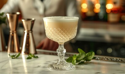 A glass of liquid with a green leaf on top of it