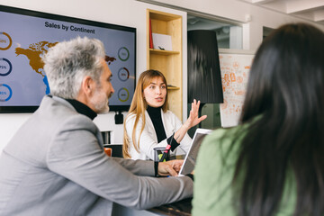 Business team discussing sales report in office
