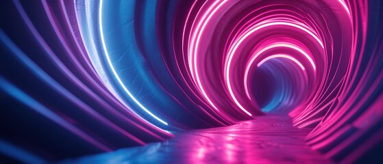 Fototapeta premium Graphic design art of abstract illusion of spiral with geometric shapes of pink and violet neon lines.