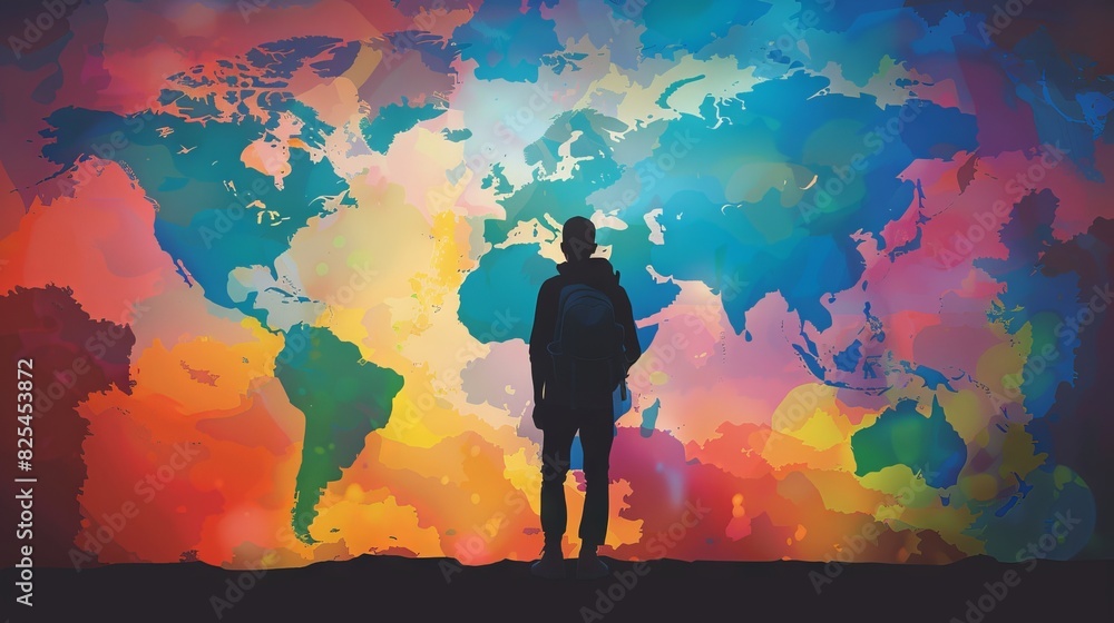 Poster a man stands in front of a colorful background that resembles a world map