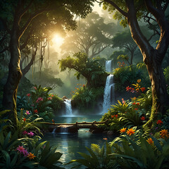 Painting of a tropical jungle scene with towering trees, hill, twisting vines, and colorful exotic...