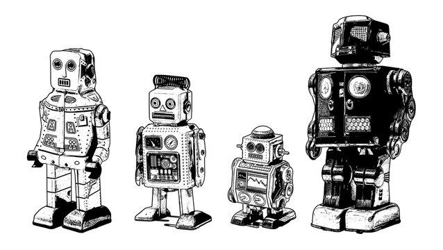 Set of vintage tin toy robots, monochrome design
