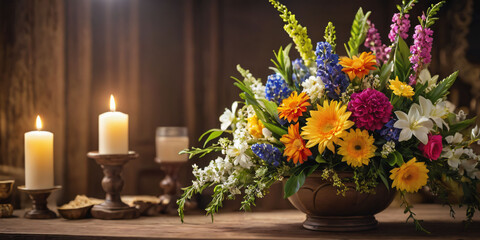 Jewish holiday Shavuot. Shavuot symbols : torah, first harvest, flowers, milk products- dairy