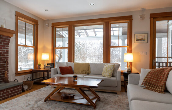 Contemporary  living room in home  with wood trim 