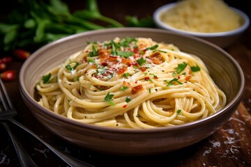 Classic Italian pasta dish with spaghetti, pancetta, and fresh herbs.