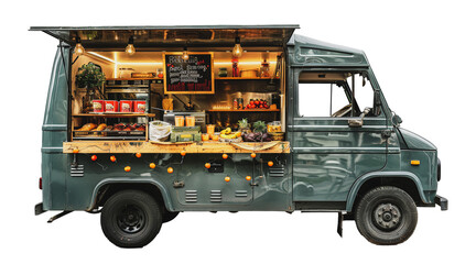 Fully equipped food truck at night with open service window, cut out - stock png.