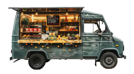 Fully equipped food truck at night with open service window, cut out - stock png.
