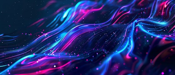 Abstract background with flowing blue and pink neon lights.