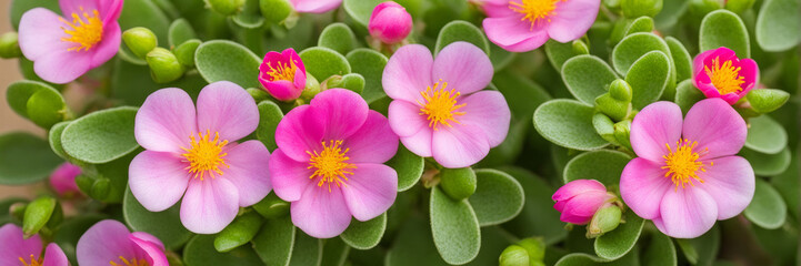 Pink purslane flower in pale green leaves. The banner.