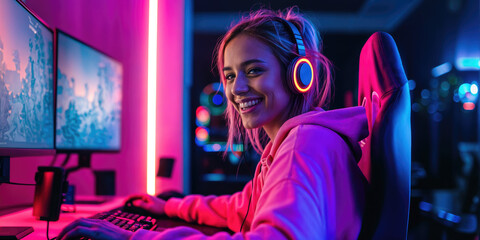 A smiling woman wearing headphones and a hoodie, gaming at a computer setup with neon lighting.
