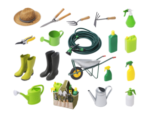 Collection of gardening tools on white background