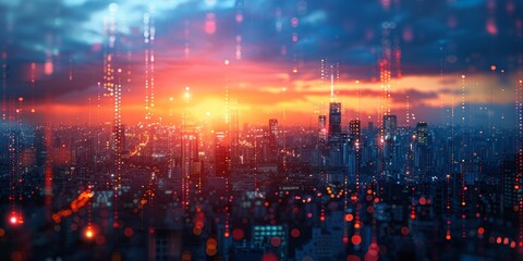 Abstract cityscape with glowing nodes and digital elements at sunset