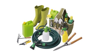 Gardening tools and products on white background