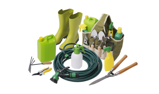 Gardening tools and products on white background