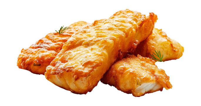 Assortment of crispy battered fish fillets, cut out - stock png.