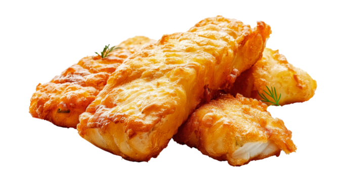 Assortment of crispy battered fish fillets, cut out - stock png.
