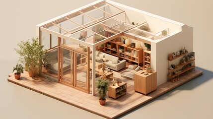 Isometric Vector of Muji House Entryway with Skylights The entryway of a Muji house, featuring minimalist design, natural materials, and skylights that greet visitors with natural light.
