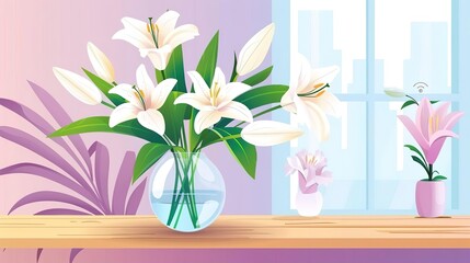 Vase with white lilies on a rustic wooden table, soft natural light from a window, shallow depth of field, focus on the lilies, blurred background, copy space on the right