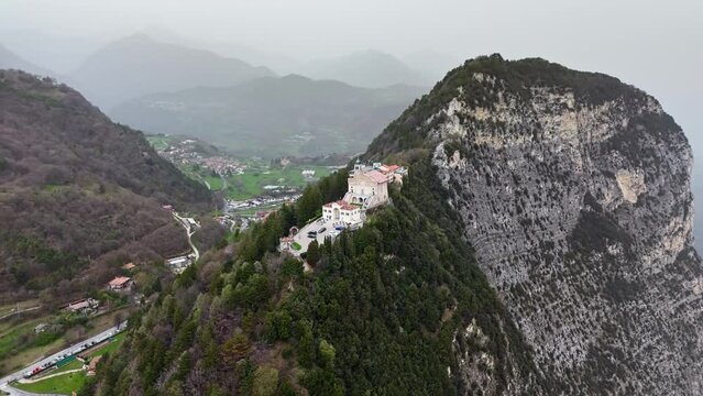 Aerial panorama of the Eremo di Montecastello church on Lake Garda, Italy Lombardia