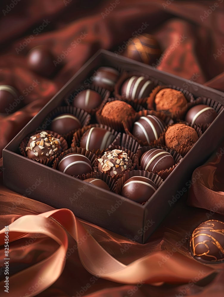 Poster a luxurious box of chocolate truffles, adorned with ribbons, placed on top of a table. generative ai