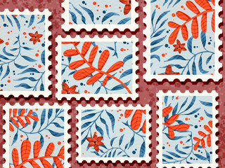 Various plants and flowers drawing on post stamps