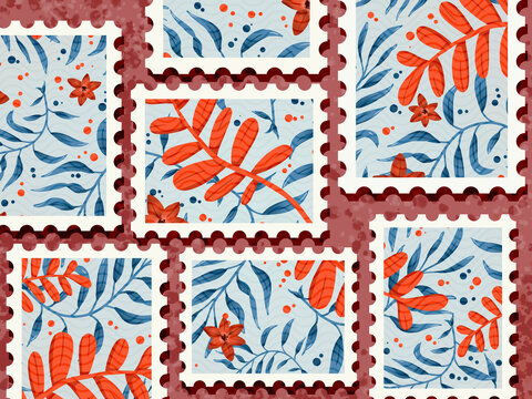 Various plants and flowers drawing on post stamps