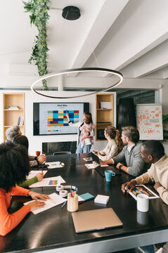 Modern team meeting with data presentation. Work-life balance concept.