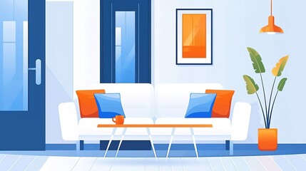 Sleek white couch in a bright, airy room, Scandinavian design, light wooden floors, large plant in the corner, soft sunlight, front-facing, eye-level angle