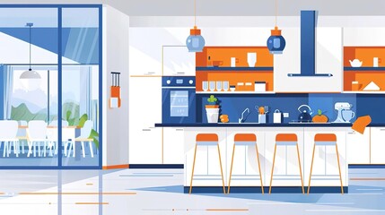 Fototapeta premium Clean geometric lines in a modern kitchen, white cabinets, black countertops, stainless steel appliances, abundant natural light, wide-angle, side view