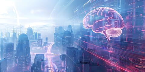 Brain in a digital futuristic setting merging cognition with advancing technology. Concept Futuristic Technology, Digital Brain, Cognition Enhancements, Cybernetic Integration, Sci-Fi Innovation