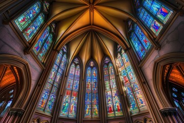 Vibrant stained glass windows illuminating the arched ceiling of a historic cathedral