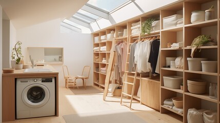 Isometric Vector of Muji House Laundry Room with Skylights A laundry room in a Muji house, designed with functional storage, natural wood accents, and skylights that provide natural light for daily ch