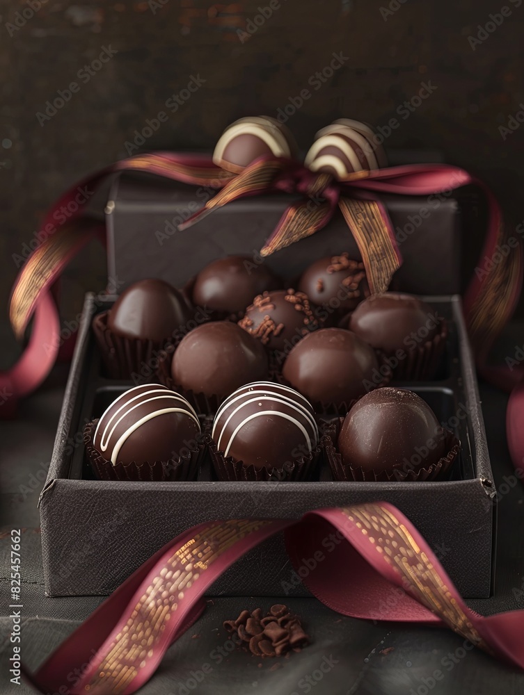 Poster elegant box of chocolate truffles adorned with a ribbon, showcasing rich dark colors and high attent