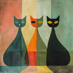 Vintage style illustration with 3 stylized cat shapes 
