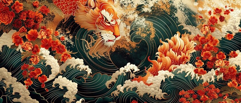 Japanese seamless pattern in oriental geometric traditional style. 3d festive ornament for lunar chinese new year decoration. Red and golden abstract asian vector creative motif. Vintage tiger. - Powered by Adobe