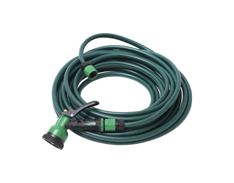 Green garden hose isolated on white background